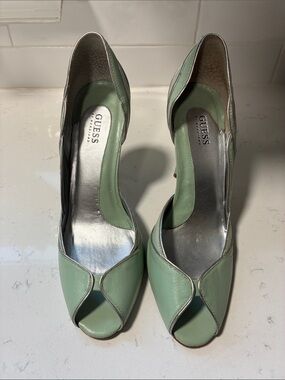 GUESS Mint Green Peep-Toe Pumps with Silver Trim